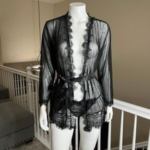 Sexy Romantic Sheer Black Lace Robe G String Thong Women's Size L #680